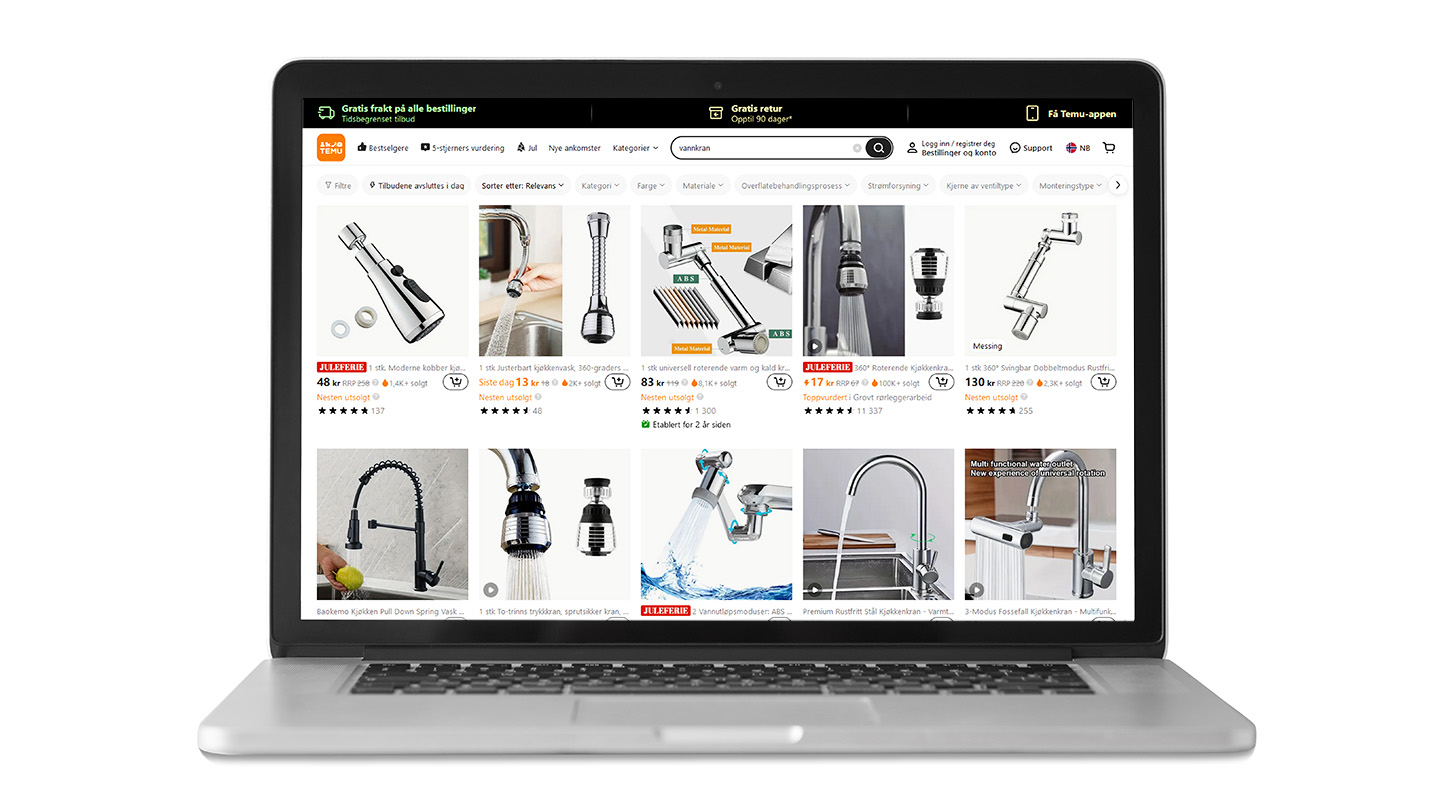 Skjermdump fra Temu.com som viser kraner og rør