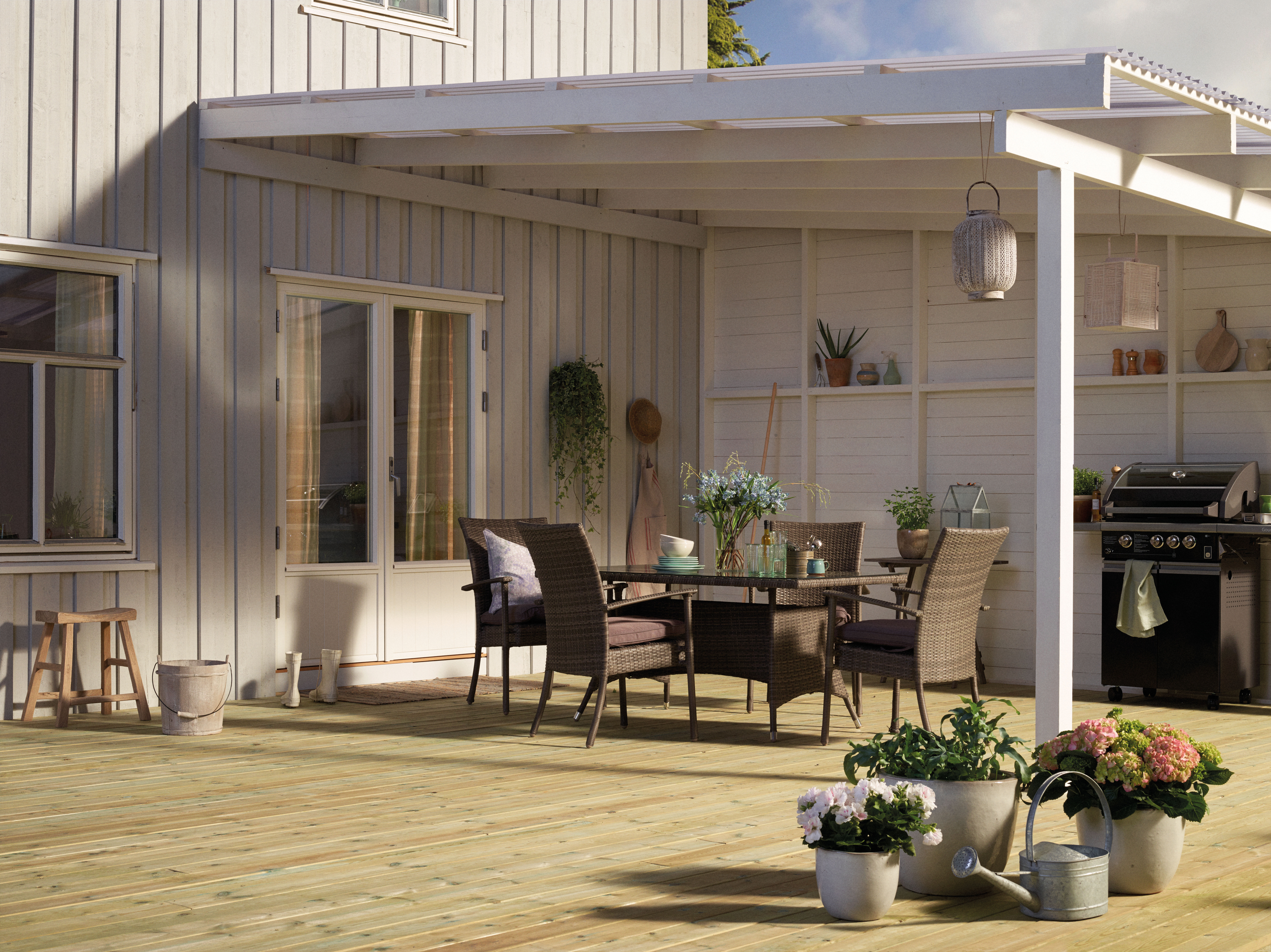 Overbygget terrasse er popul&aelig;rt, og den gj&oslash;r det lunt og godt siden verken regn eller vind slipper inn. Foto: Byggmakker.