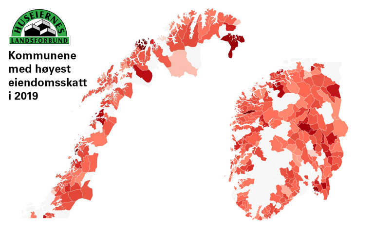 Klikk på bildet for å se hva den enkelte kommune tar i eiendomsskatt i 2019. Oversikt over kommunenes eiendomsskatt.