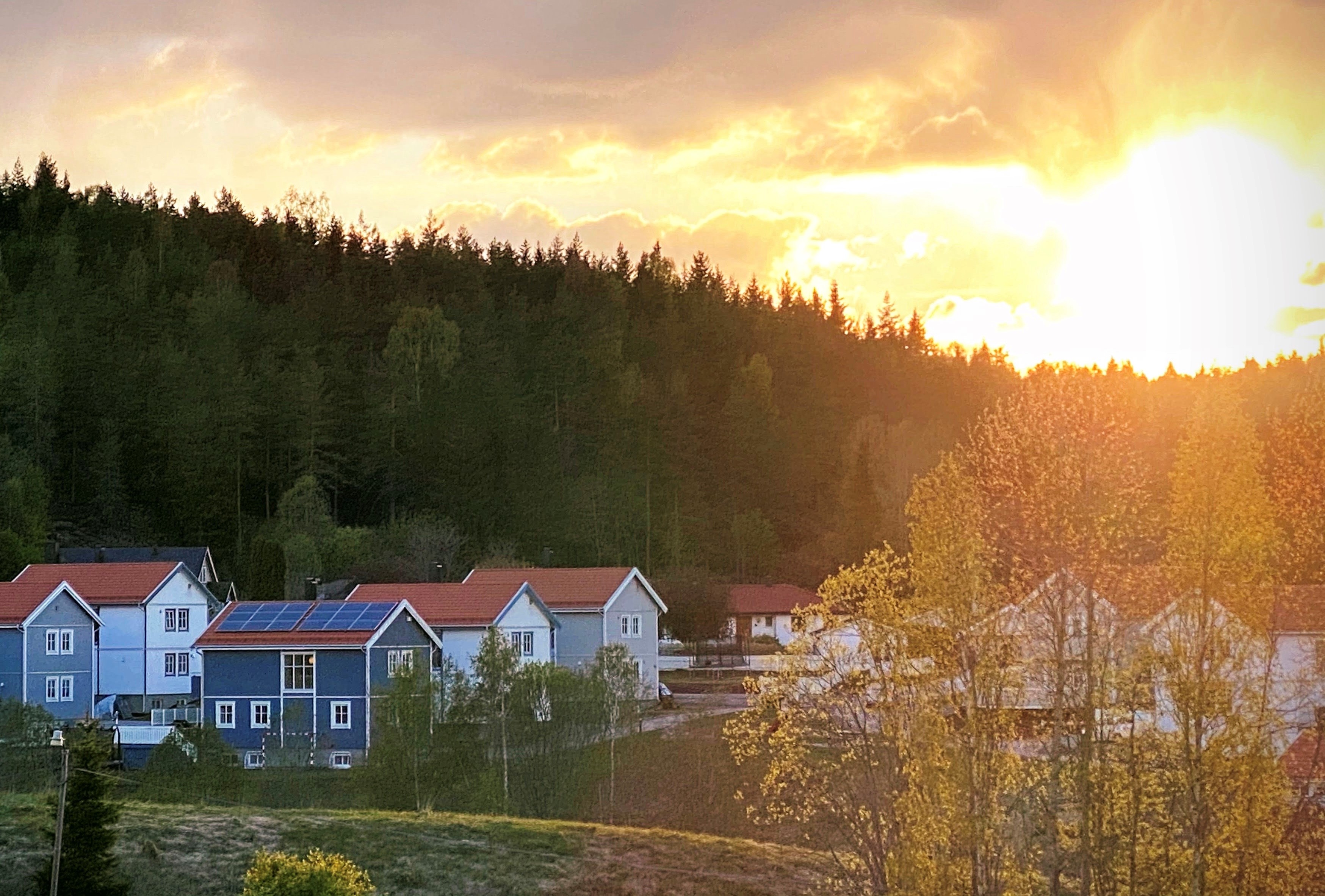 Solen skinner over en husrekke