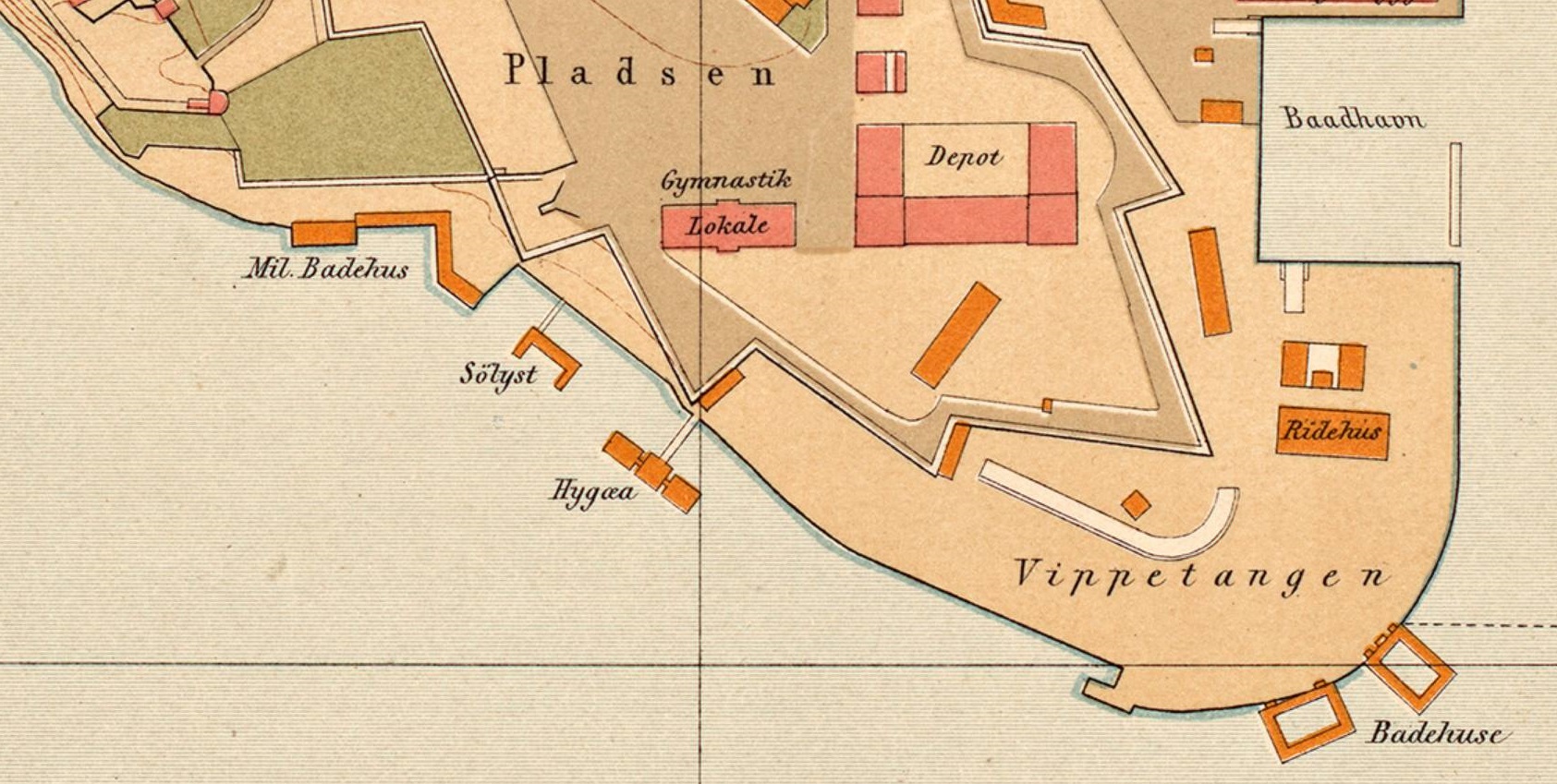 Langs hele sj&oslash;fronten var det badehus og badeb&aring;ter. Foto: Wikicommons